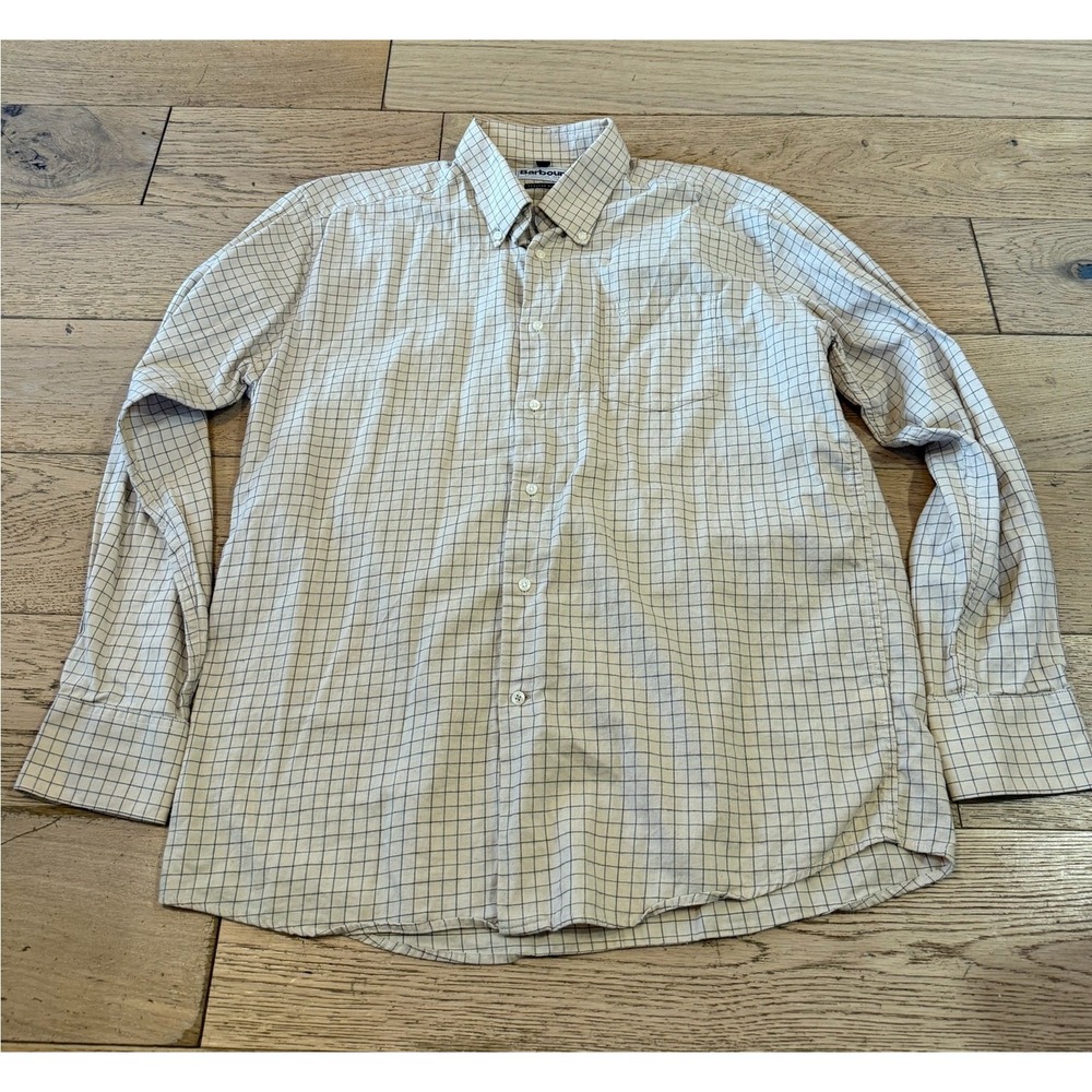 Barbour Regular Fit Plaid Long Sleeve Button Down Shirt Mens L Beige